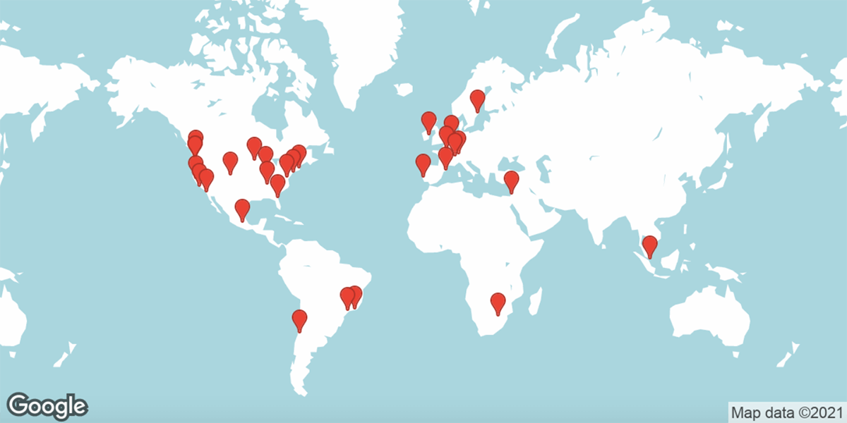 Map of the world with meetup points marked